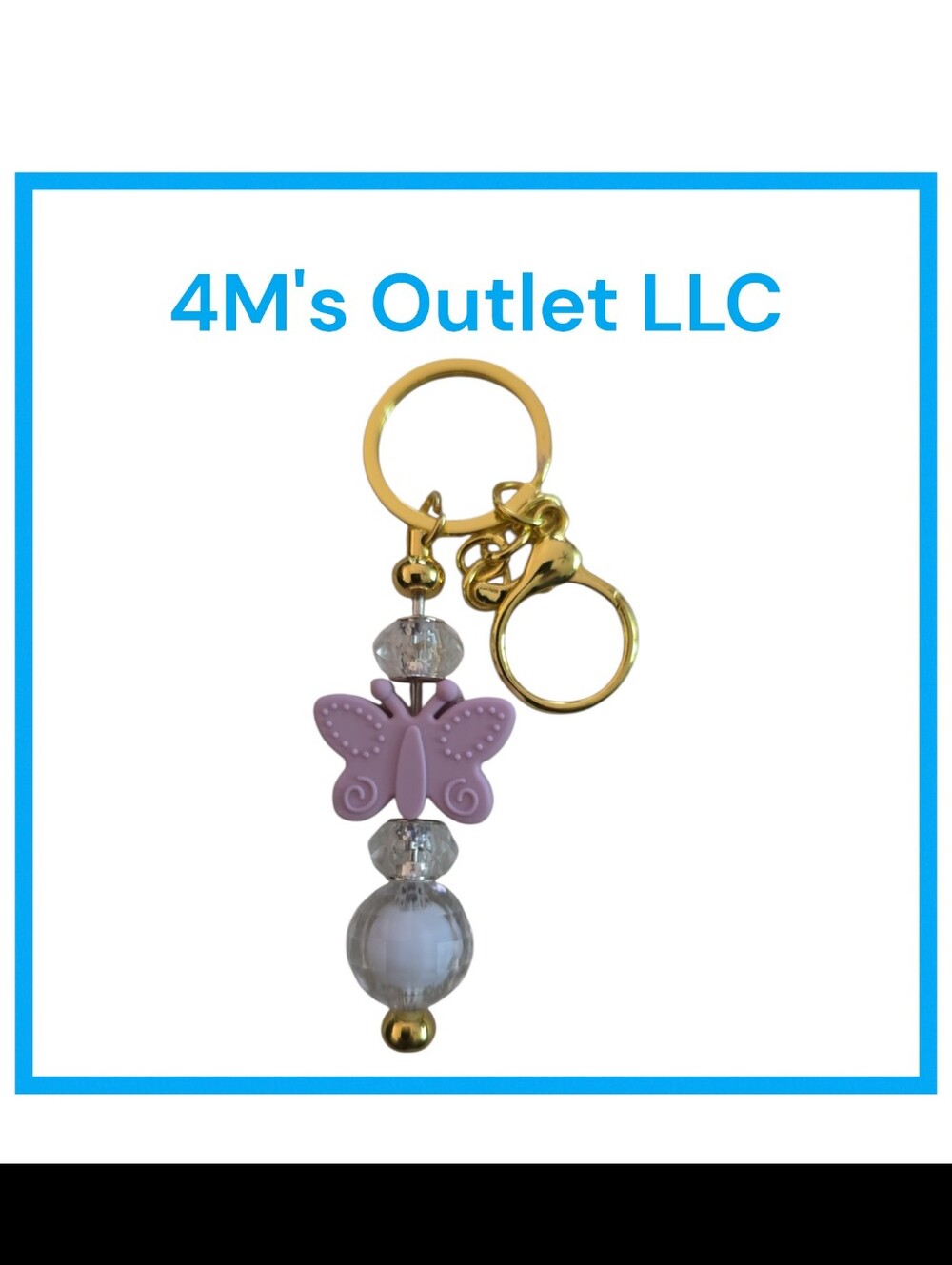 Source Unknown Gold Keyring with Pink Butterfly and Crystal Beads